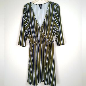 Derek Heart Long Sleeves Blouson Faux Wrap Dress | Size 2X | Green & Blue Stripe